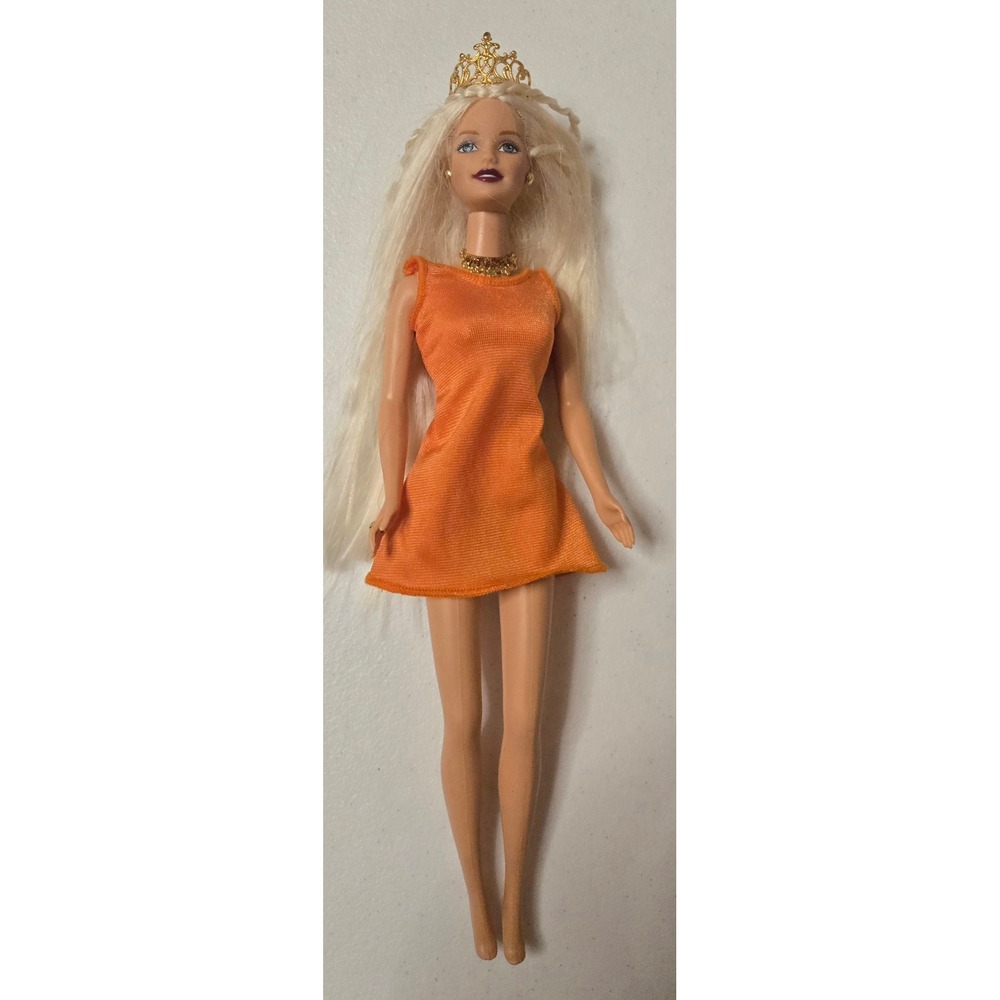 Vintage 1998 Mattel Barbie Doll Platinum Blonde Tiara Gold Jewelry Orange Dress